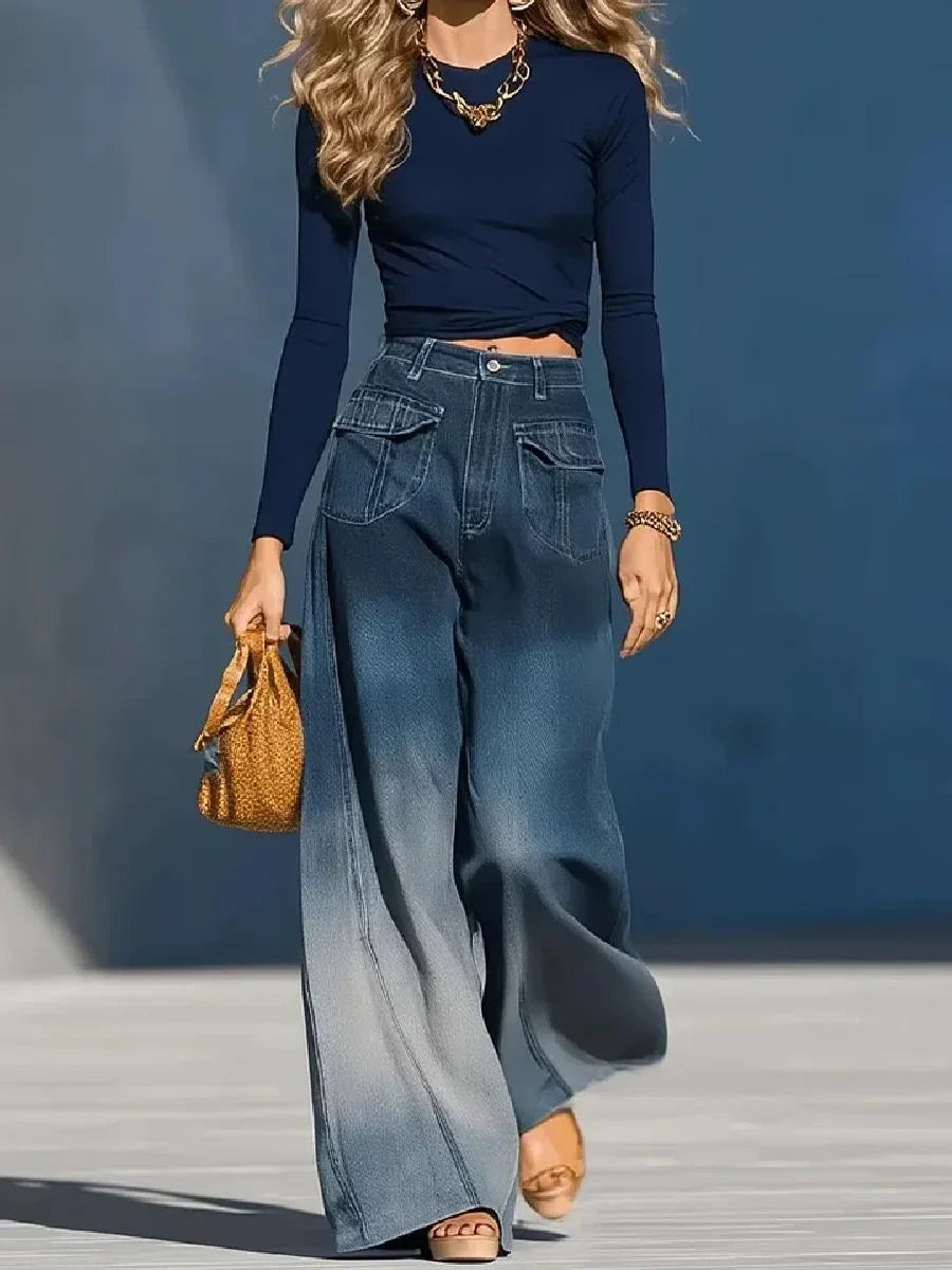 Chic Gradient Color Casual Pockets Washed Jeans