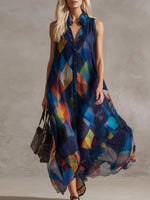 Trendy Blue Geometric Print Sleeveless Maxi Dress