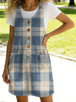 Classic Plaid Round Neck Sleeveless Buttons Pockets Casual Mini Dress