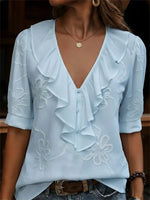 Stylish Floral Print Ruffled V-neck Short Sleeve Loose Casual Shirt