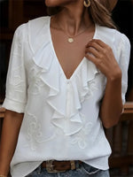 Stylish Floral Print Ruffled V-neck Short Sleeve Loose Casual Shirt