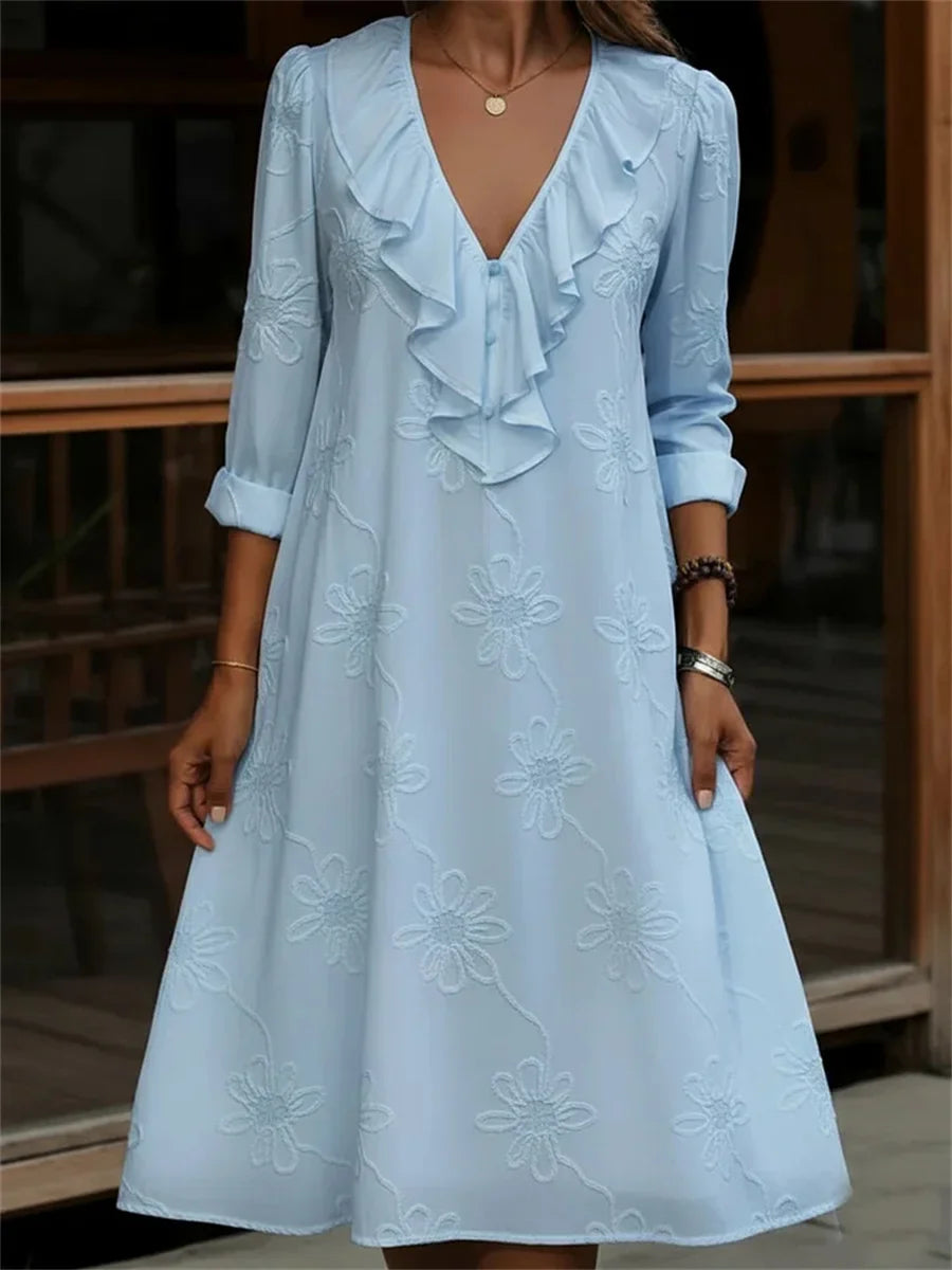 Vintage Ruffled V-neck Floral Printed Long Sleeve Dress