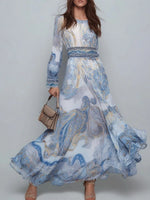 Dreamy Blue Artistic Print Round Neck Long Sleeve Maxi Dress