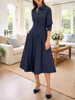 Vintage Plain Long Sleeve Button Down Midi Dress