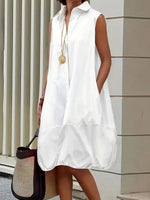 White Shirt Collar Sleeveless Pockets Casual Comfy Midi Shirt Dress