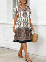 Boho-Inspired Printed V-neck Short Sleeve Mini Dress