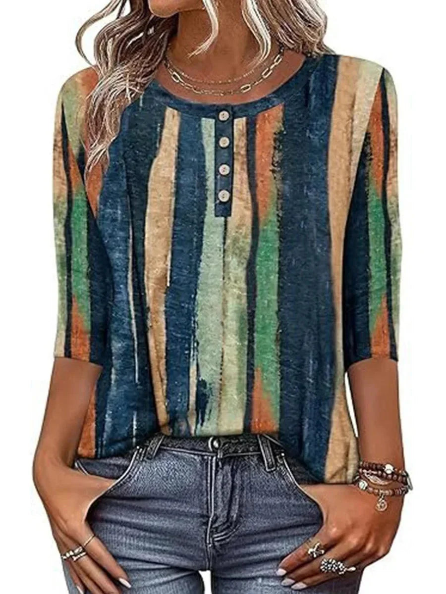 Special Color Block Buttons Round Neck Long Sleeve Casual Loose Blouse