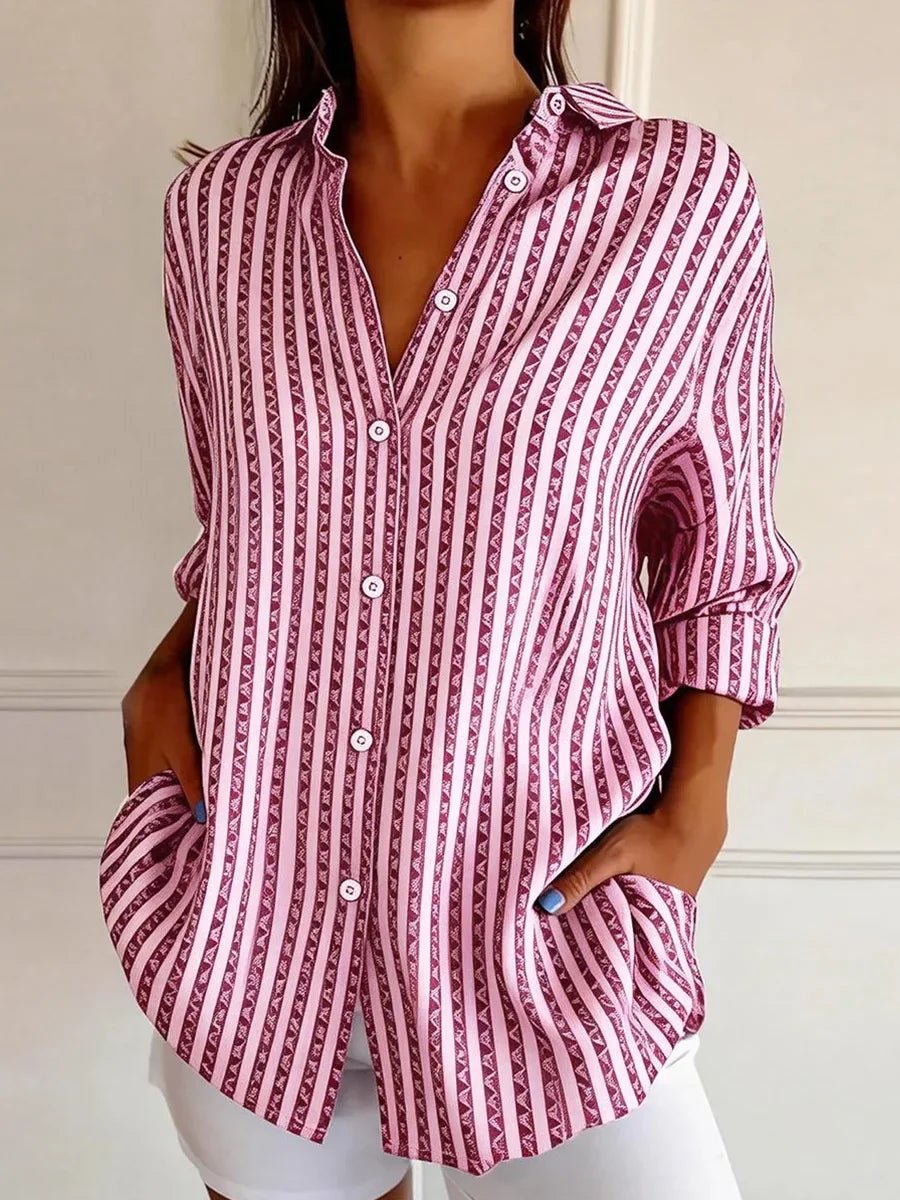 Sweet Pink Stripe Shirt Collar Long Sleeve Button Down Casual Shirt