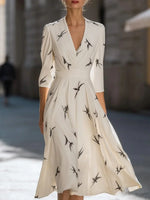 Groovy V-Neck 3/4 Sleeve Midi Dress
