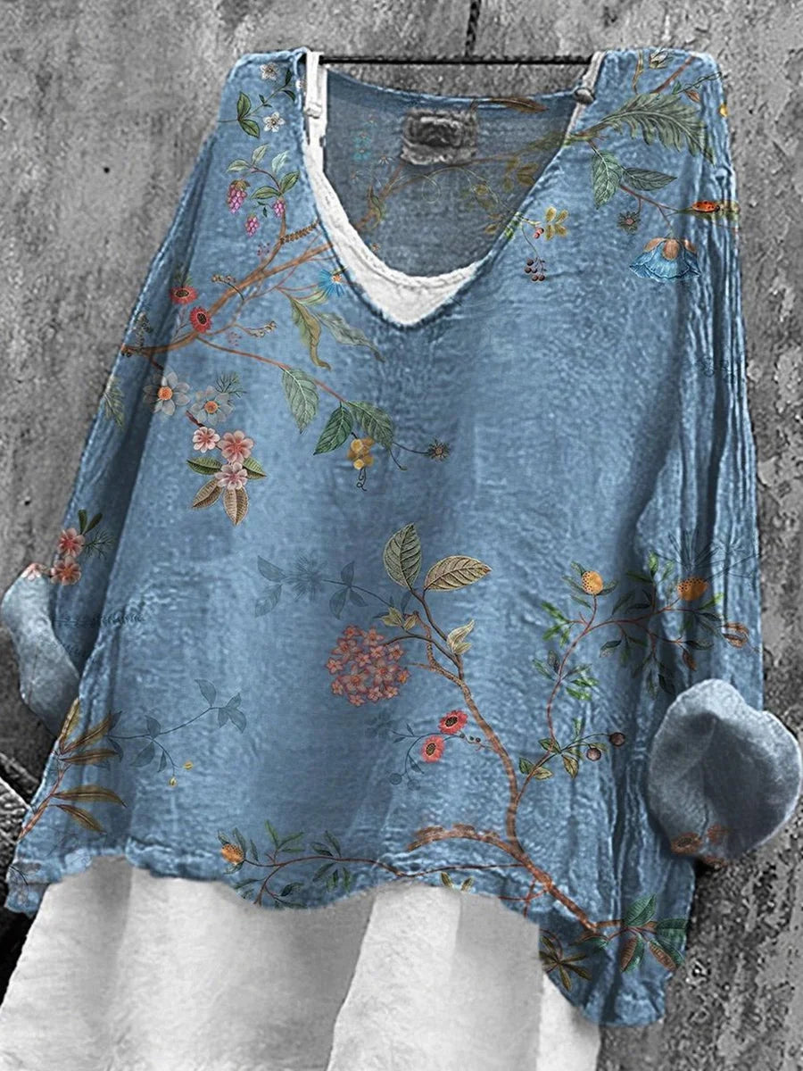 Trendy Blue V-Neck Long Sleeve Floral Print Top