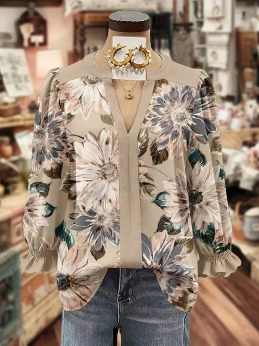 Floral Print V-neck Long Sleeve Blouse