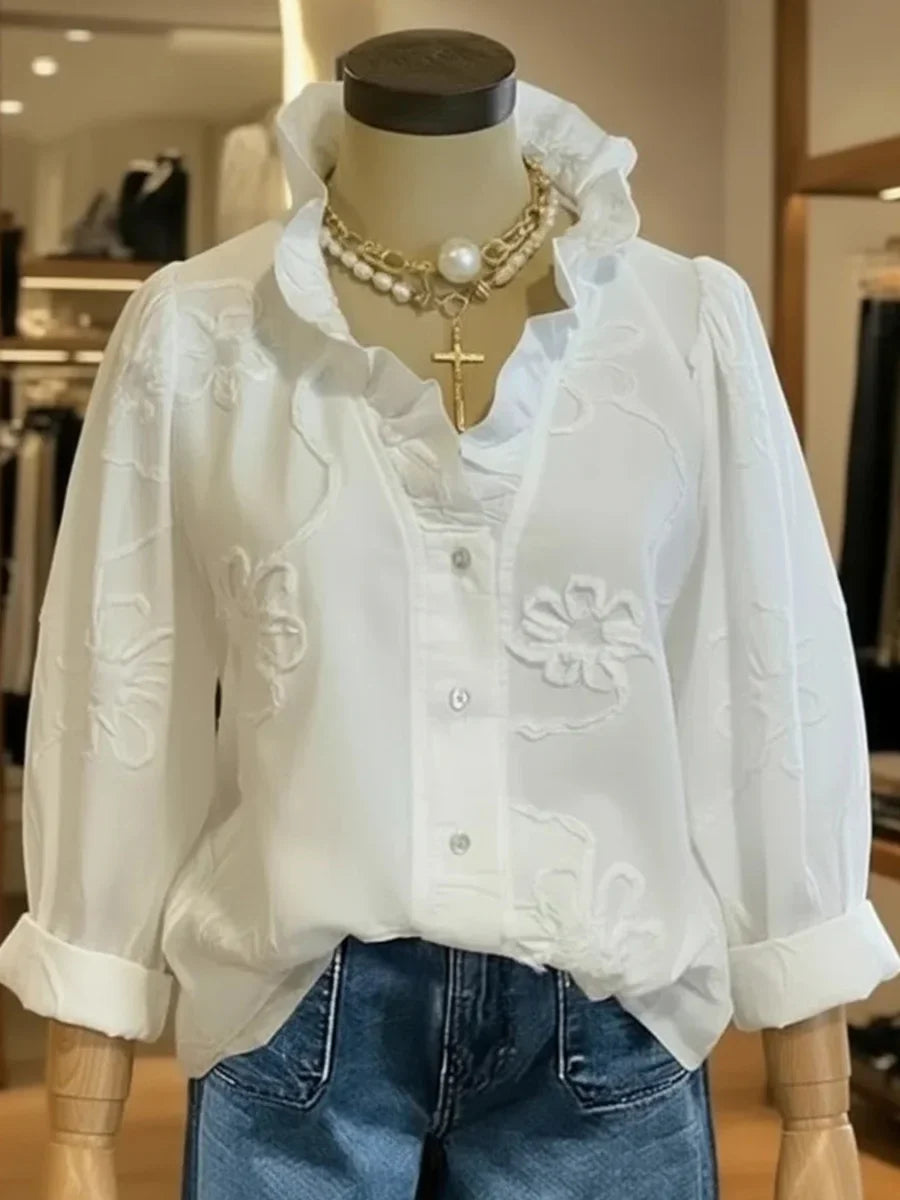 White Casual Ruffled Collar Neck Long Sleeve Shirt