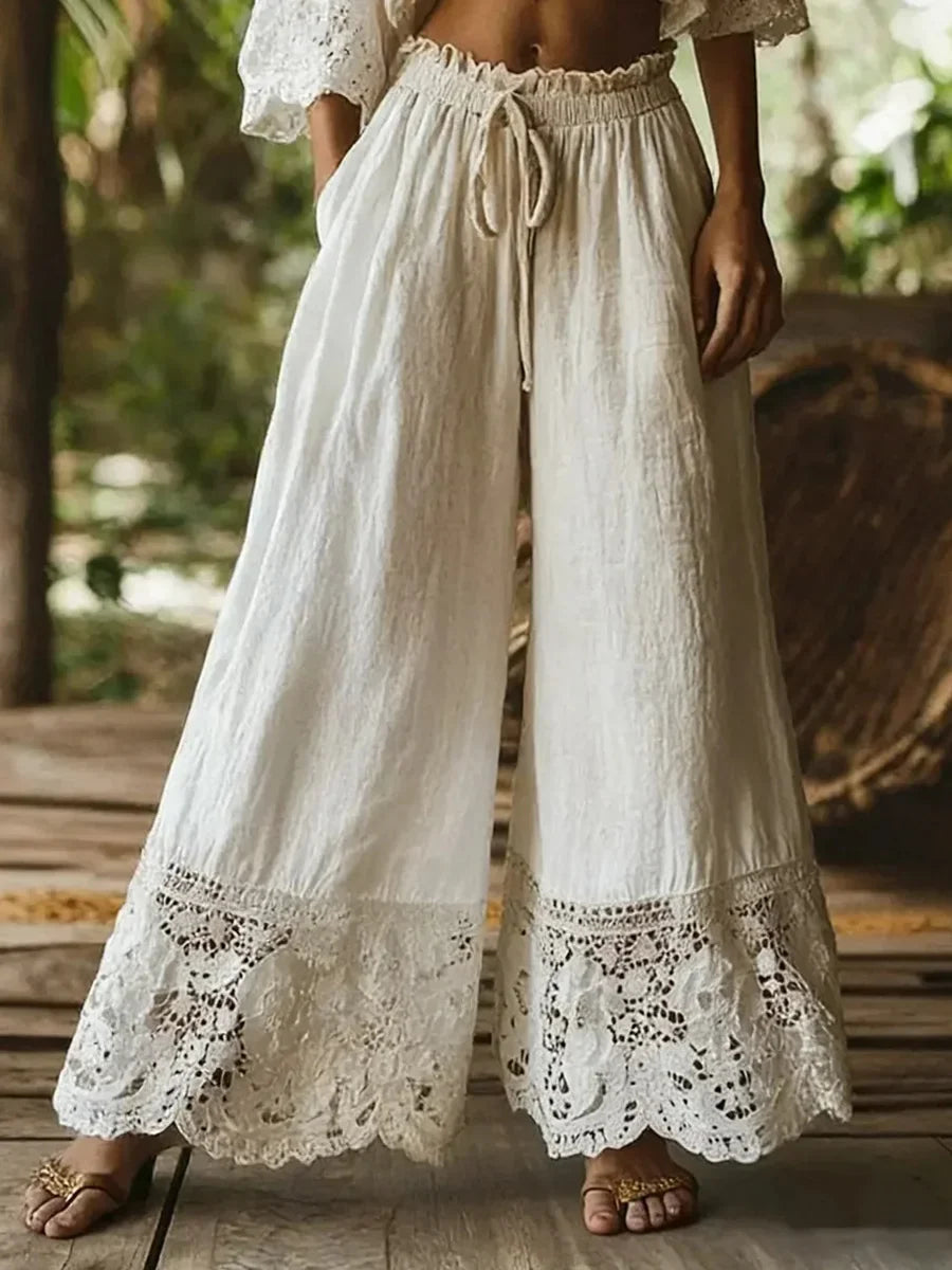 Solid Color High-waisted Drawstring Wide-leg Pants With Lace Trim