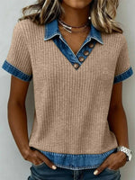 Loose Color Block V Neck Short Sleeve Blouse