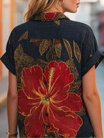 Bold Tropical Hibiscus Print Short Sleeve Top