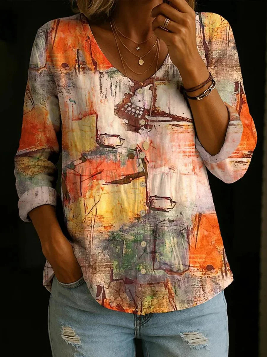 Chic Abstract Watercolor Print V-neck Long Sleeve Top