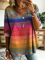 Vibrant Boho Print Multicolor V-neck 3/4 Sleeve Top