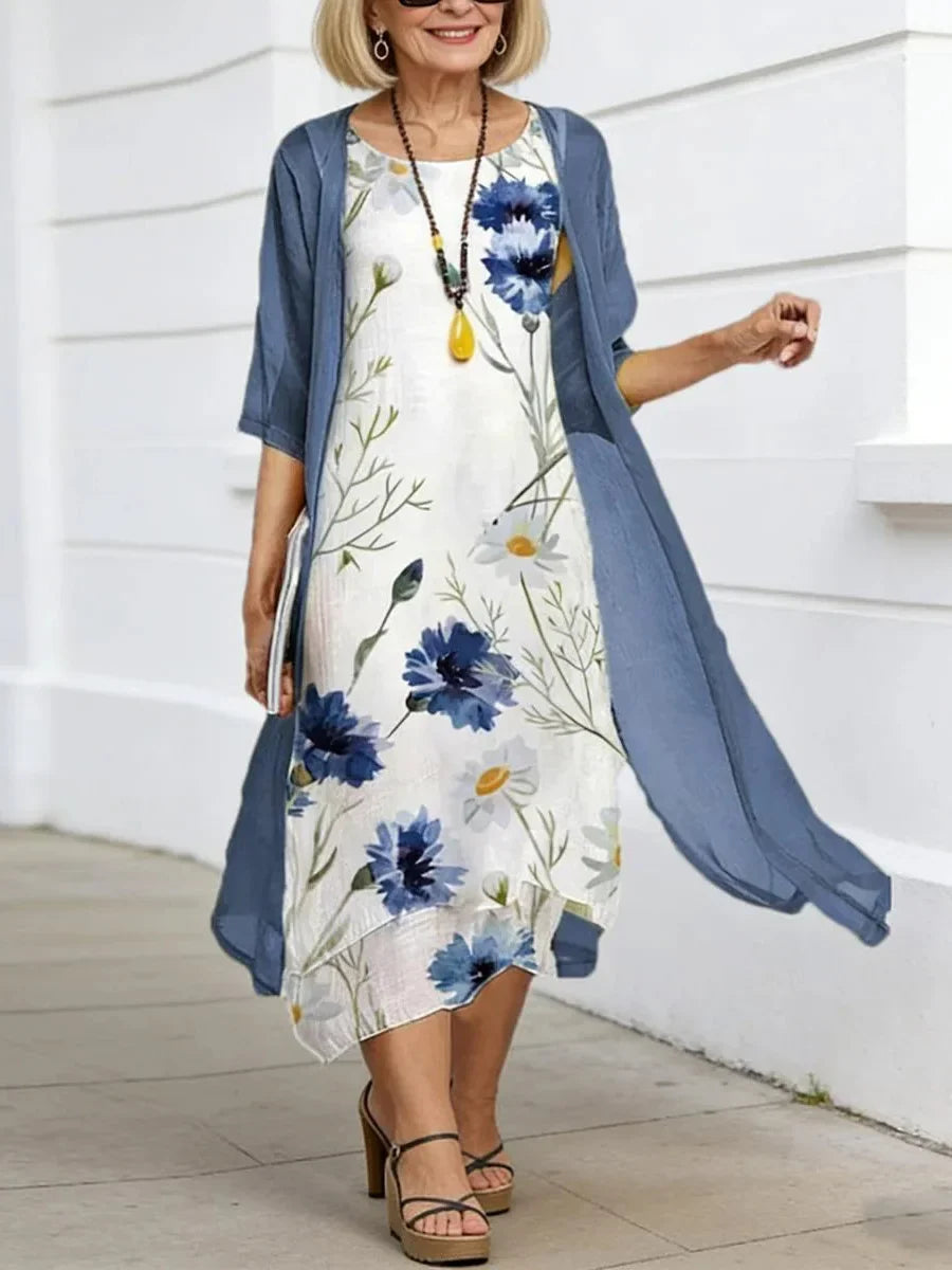 Elegant Blue Floral Print Midi Dress With Jacket