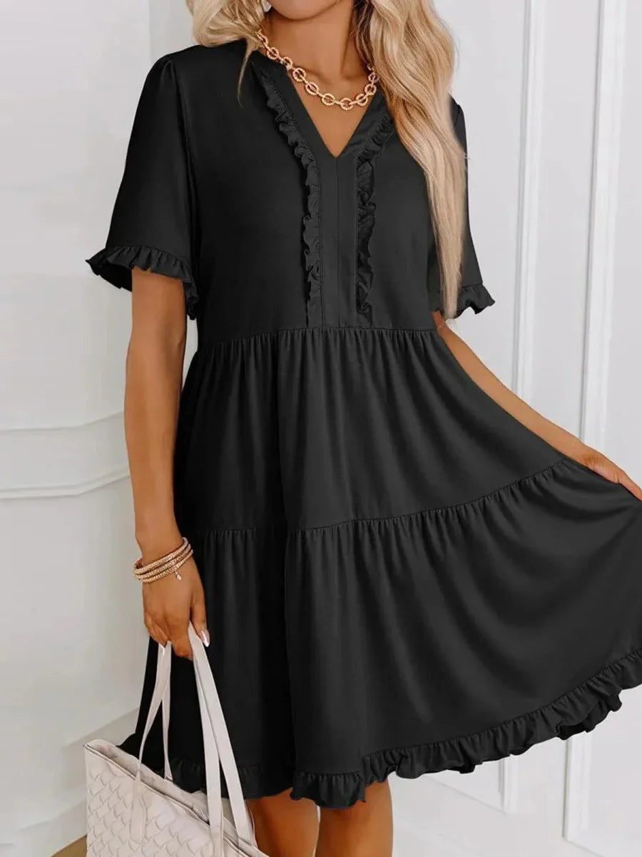 Black Tiered Ruffle V-neck Short Sleeve Mini Dress