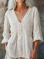 Women's Retro Ethnic Casual V-neck 3/4 Sleeve Shirt