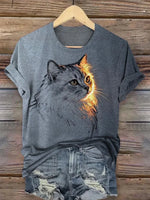 Gray Cat Print Round Neck Short Sleeve T-Shirt
