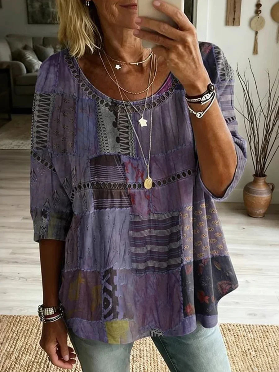Vintage Casual Round Neck 3/4 Sleeve Blouse