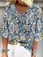 Blue Floral V-Neck 3/4 Sleeve Top