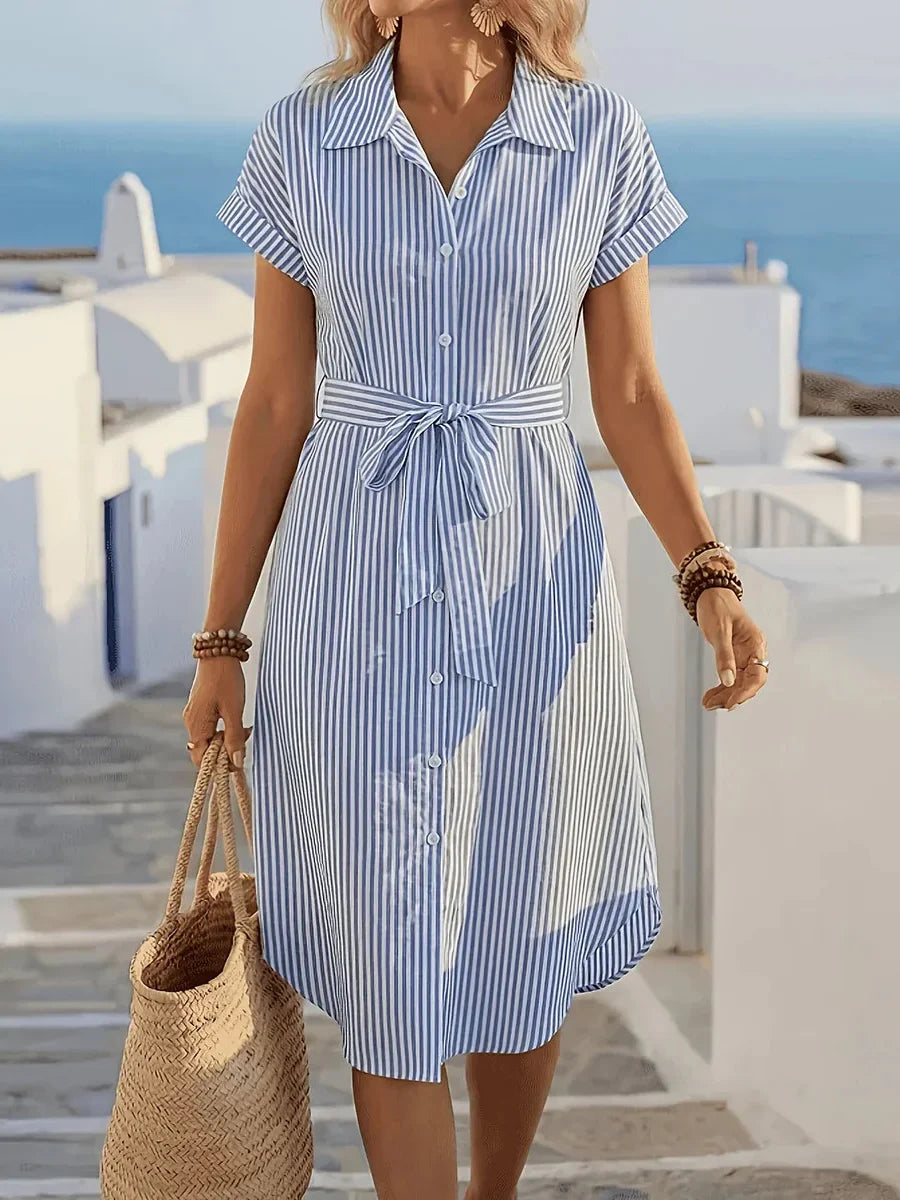 Blue Striped Short Sleeve Shirt Midi Dress With Belt