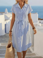 Blue Striped Short Sleeve Shirt Midi Dress With Belt