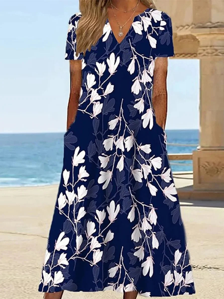 Navy Floral Side Pocket V-neck Short Sleeve Midi Dress