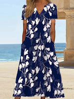 Navy Floral Side Pocket V-neck Short Sleeve Midi Dress
