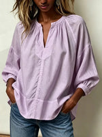 Women's V-neck 3/4 Sleeve Solid Shirt