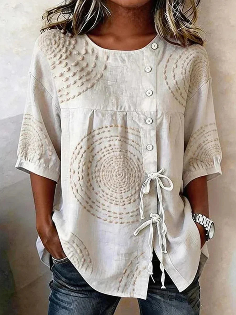 Casual Beige Round Neck Half Sleeve Blouse