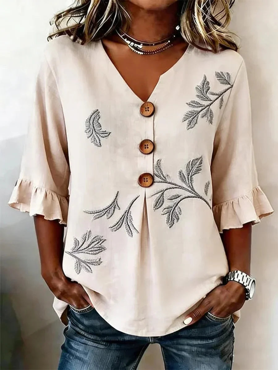 Casual Plants Print V Neck 3/4 Sleeve Blouse