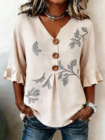 Casual Plants Print V Neck 3/4 Sleeve Blouse