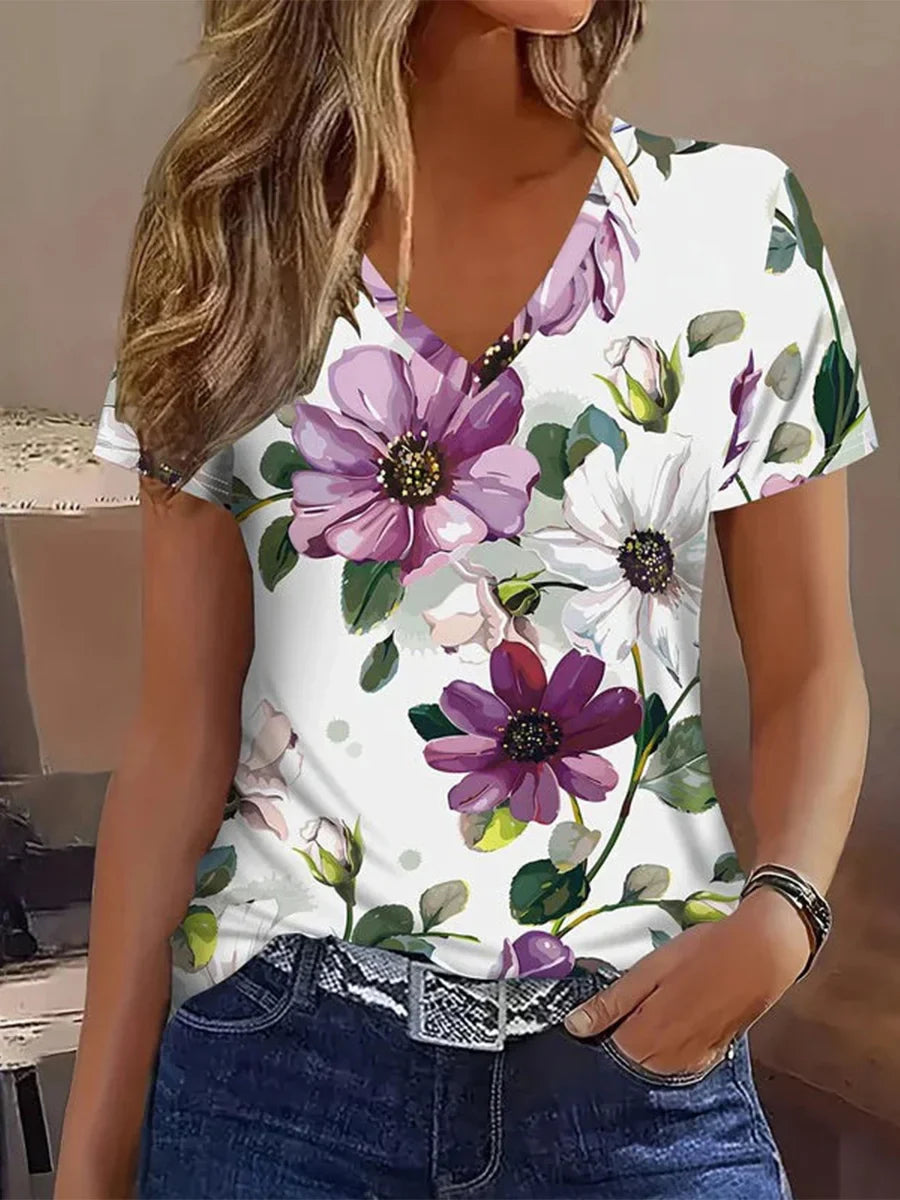 Casual Floral Print V-neck Short Sleeve T-Shirt
