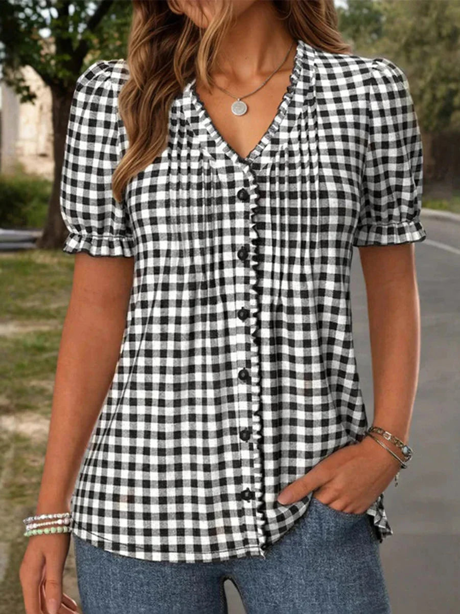 Black Plaid V-neck Short Sleeve Blouse