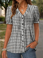 Black Plaid V-neck Short Sleeve Blouse