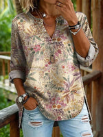 Floral Print Loose V-neck Long Sleeve Blouse