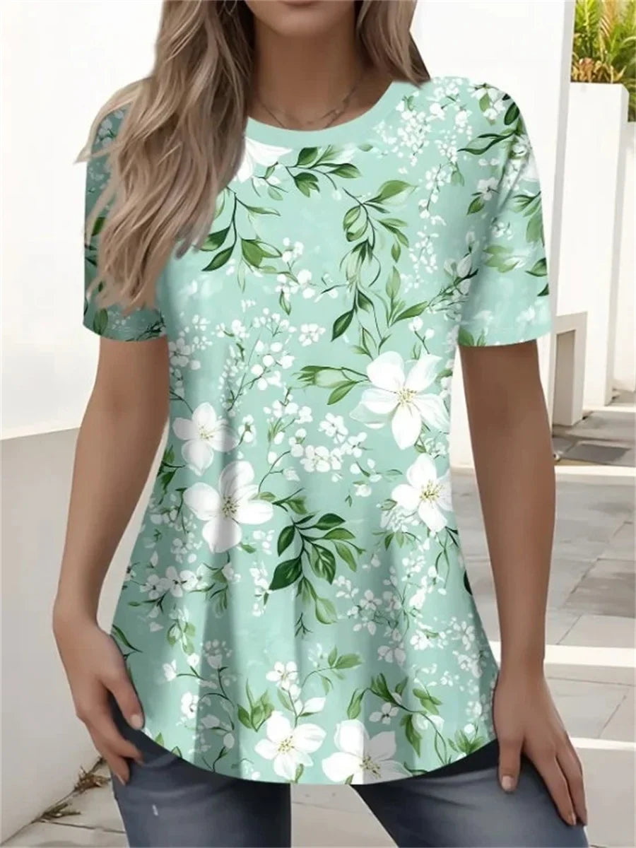 Casual Floral Print Round Neck Short Sleeve T-Shirt