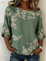 Leaf Print Round Neck Half Sleeve Blouse