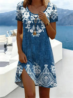 Blue Floral Print Round Neck Short Sleeve Dress