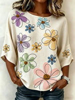 Crew Neck 3/4 Sleeve Floral Print Lightweight Loose Shirt