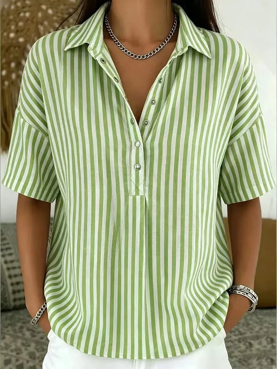 Casual Short Sleeve Striped Print Loose Shirt