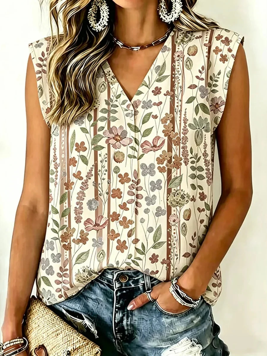Beige Floral Print Sleeveless V-Neck Blouse