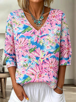 Pink Watercolor Floral Print V-neck 3/4 Sleeve Blouse
