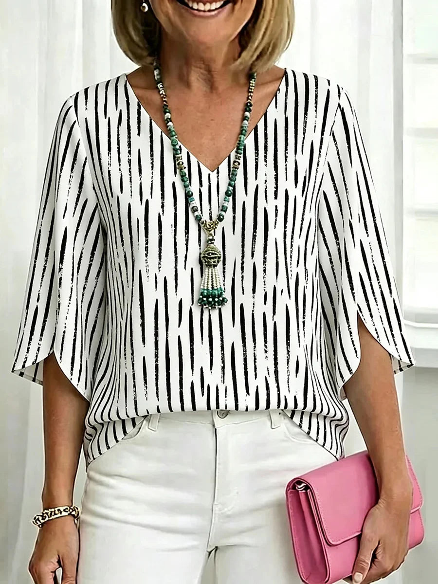 White Black Abstract Stripe 3/4 Split-Sleeve V-Neck Blouse