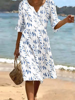 Smocked Waist Leaf Print V-neck Half Sleeve Dress