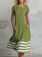 Green Striped Hem Round Neck Short Sleeve Button-Down Dress