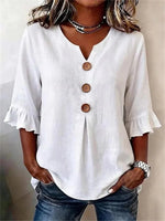 Casual Solid Colour V-neck 3/4 Sleeve Blouse